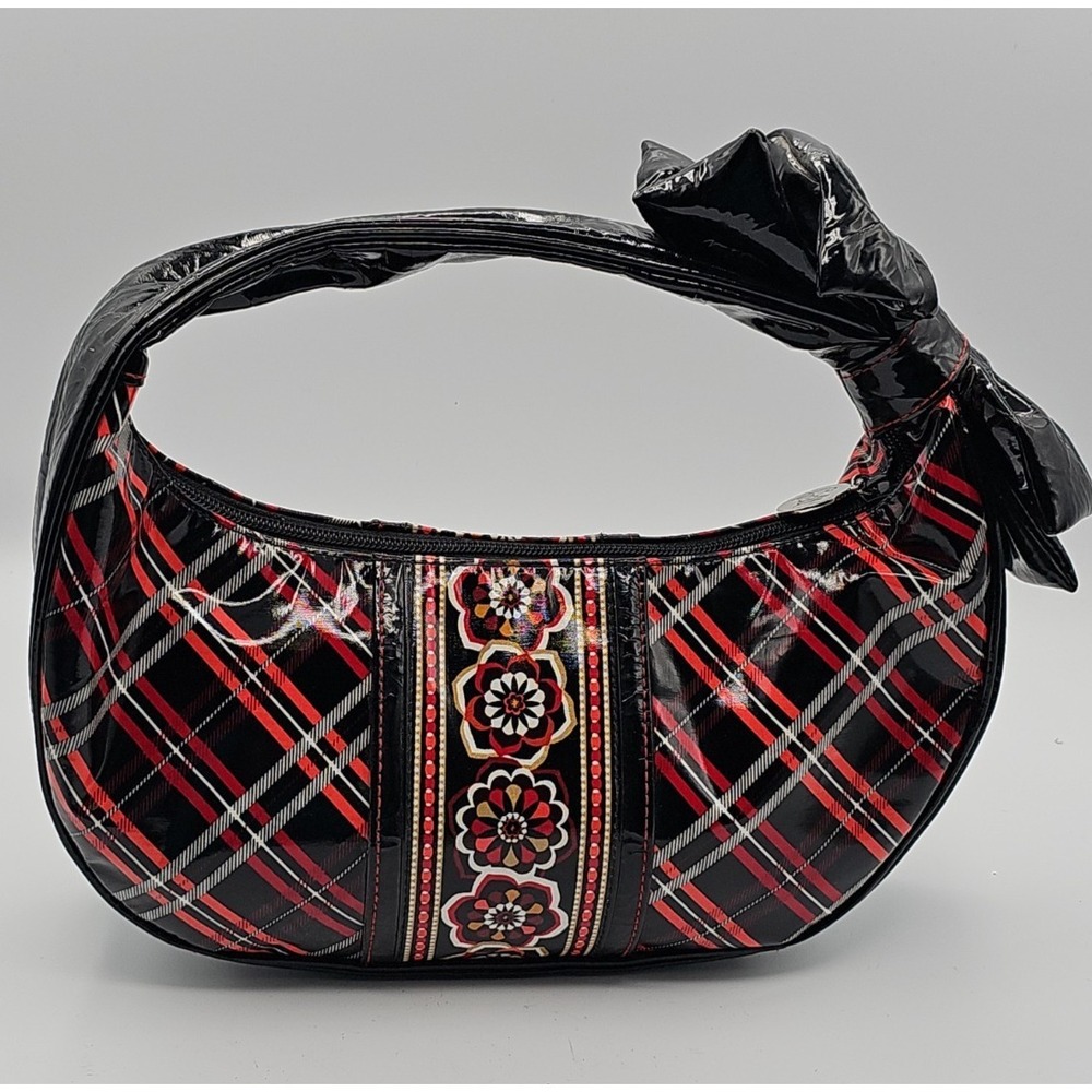 Vera Bradley Black Red Vinyl Hobo Shoulder Bag Bow Accent Fabric Lining Purse